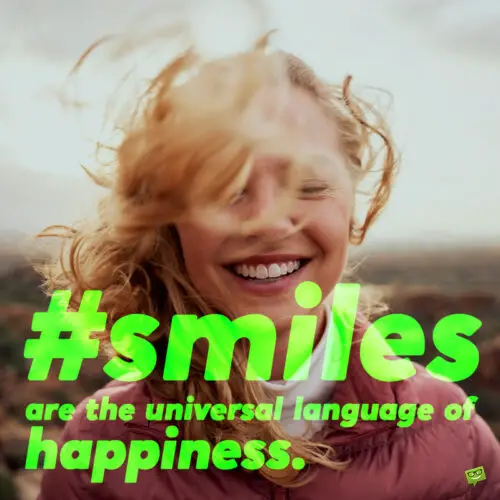 Smile caption on image with smiling young woman. Smile caption for your photo posts on Instagram.