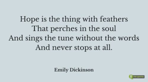 Hope is the thing with feathers that perches in the soul and sings a tune without the words and never stops at all. Emily Dickinson.