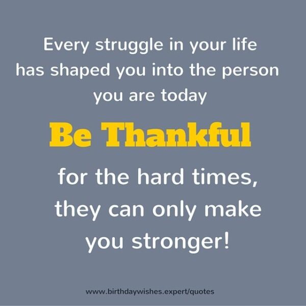 Every struggle in your life has shaped you into the person you are today. Be thankful for the hard times, they can only make you stronger!