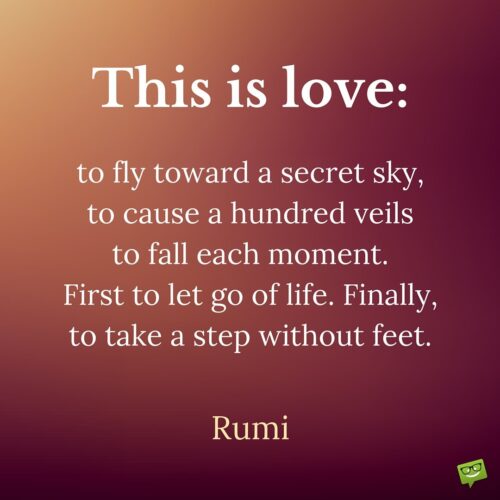 This is love. to fly toward a secret sky, to cause a hundred veils to fall each moment. First to let go of life. Finally, to take a step without feet. Rumi