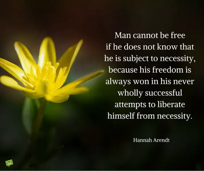 Man cannot be free if he does not know that he is subject to necessity because his freedom is always won in his never wholly successful attempts to liberate himself from necessity. Hannah Arendt