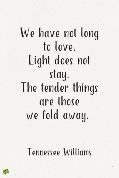 We have not long to love. Light does not stay. The tender things are those we fold away. Inspirational Quotes by Tennessee Williams