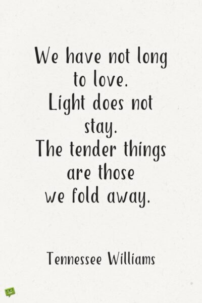 We have not long to love. Light does not stay. The tender things are those we fold away. Tennessee Williams